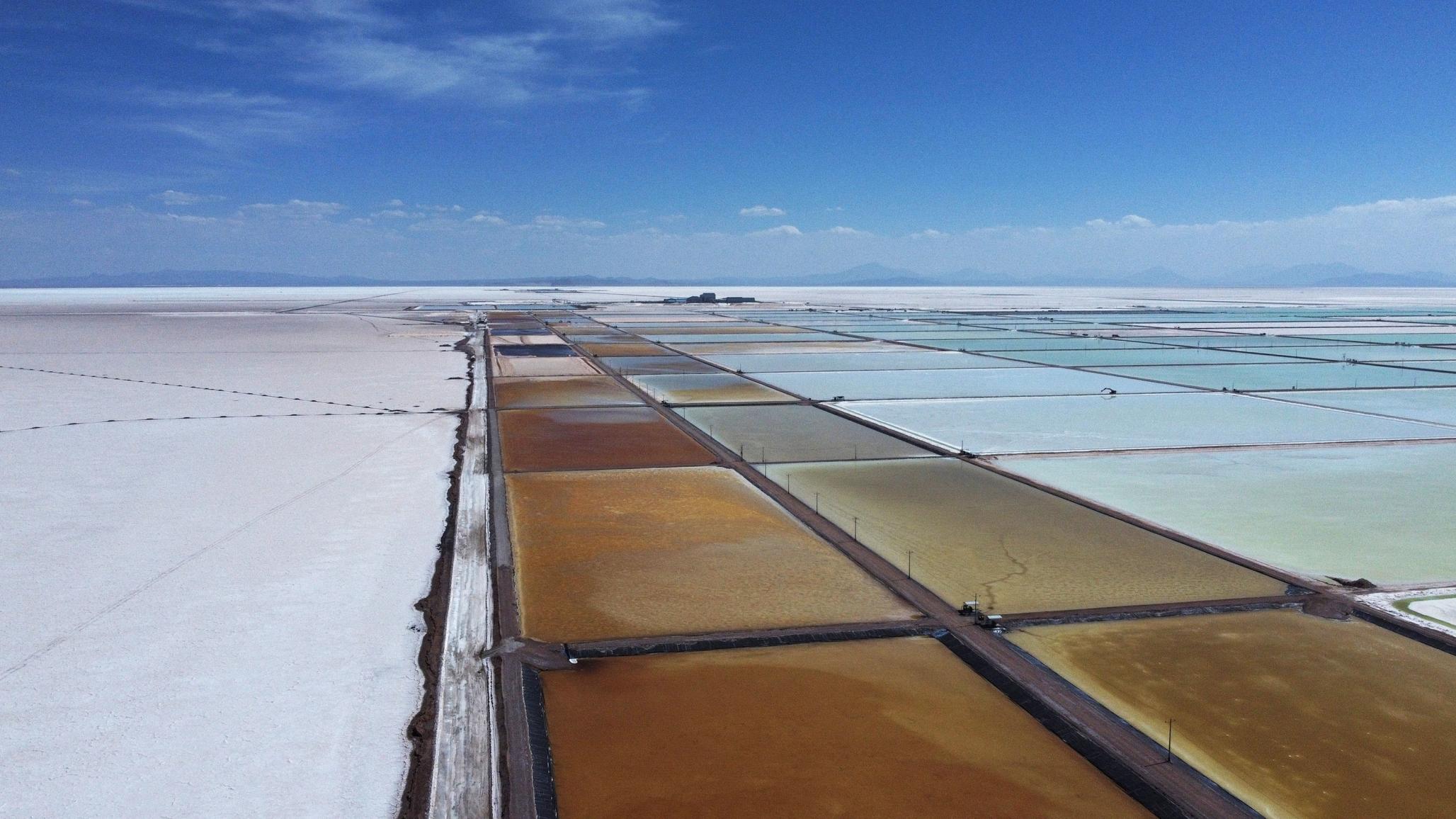 Evaporation pools for lithium extraction at a plant in Bolivia. December 2023. 