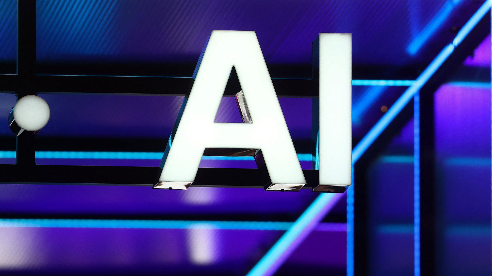 An AI icon is displayed at a technology startups and innovation fair in Paris, France. June 2026. 