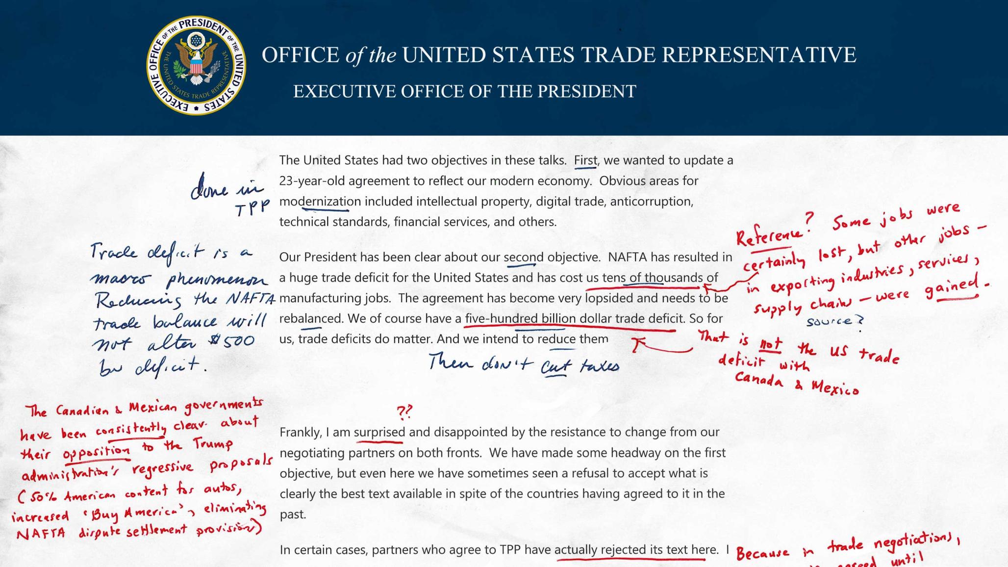 US Trade Representative “Surprised and Disappointed” Statement from Latest NAFTA Talks—Annotated and Explained