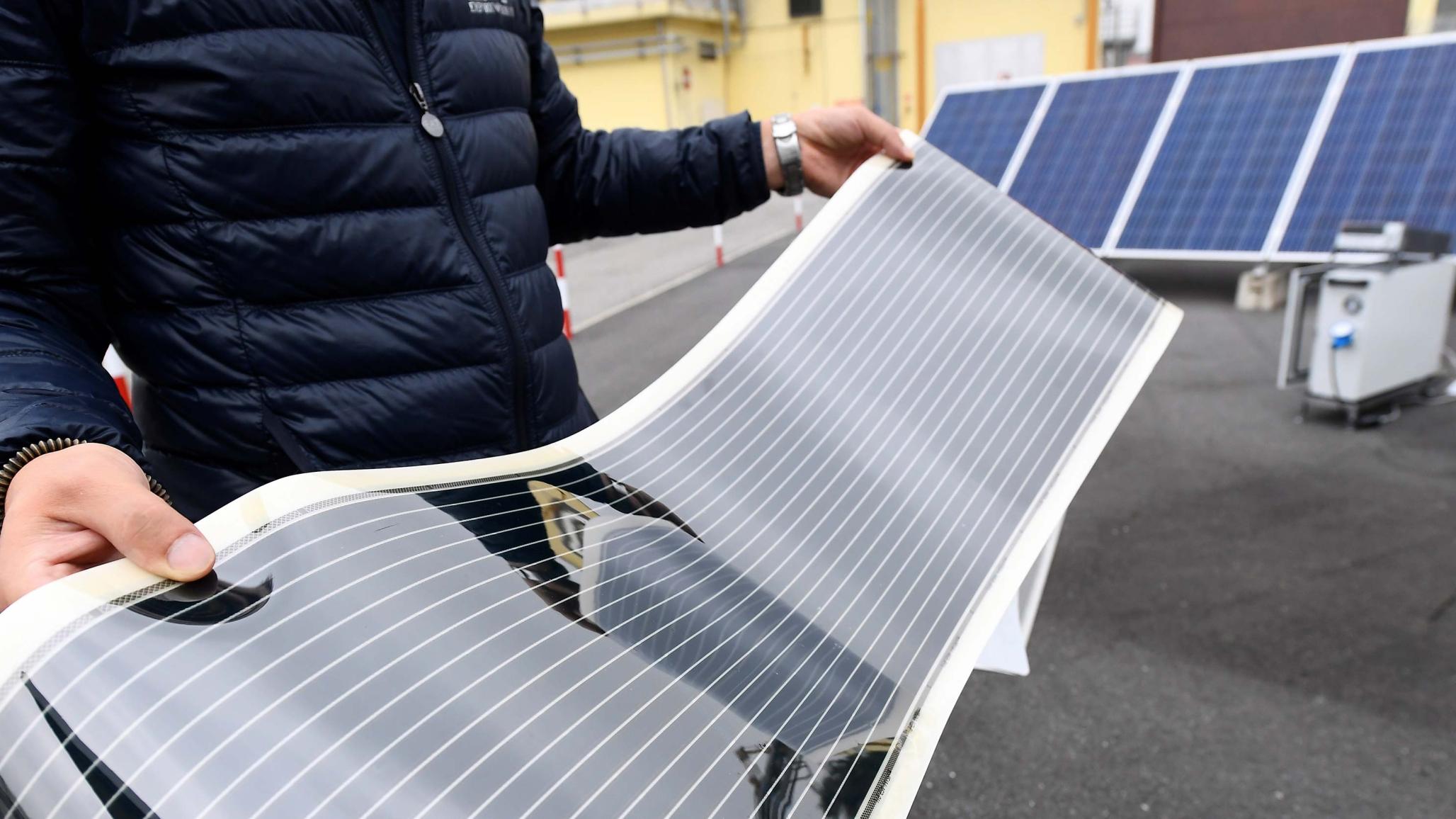 A flexible solar panel is seen at Eni’s Renewable Energy and Environmental Research & Development Center in Novara, Italy, September 26, 2019. 