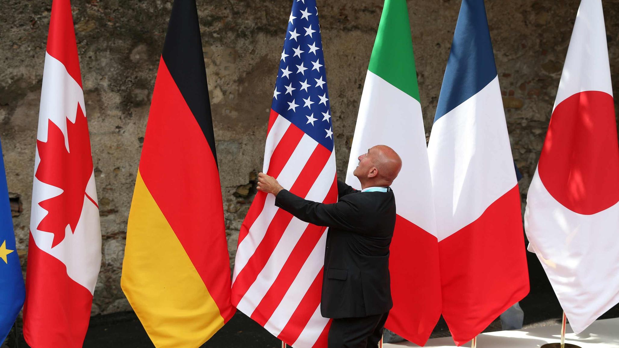 Flags are placed at the G7 summit in Taormina, Italy, May 26, 2017. 