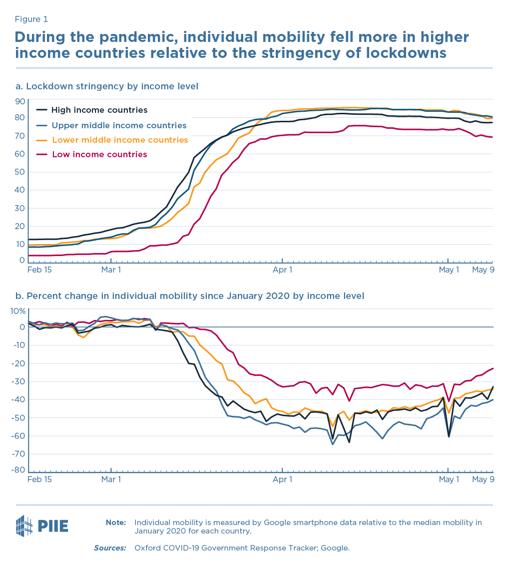During the pandemic, individual mobility fell more in higher income countries relative to the stringency of lockdowns